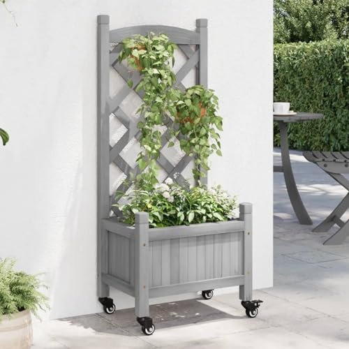 Generisch jiangboyue-3207645 Jardinière en bois massif avec treillis et roulettes Gris