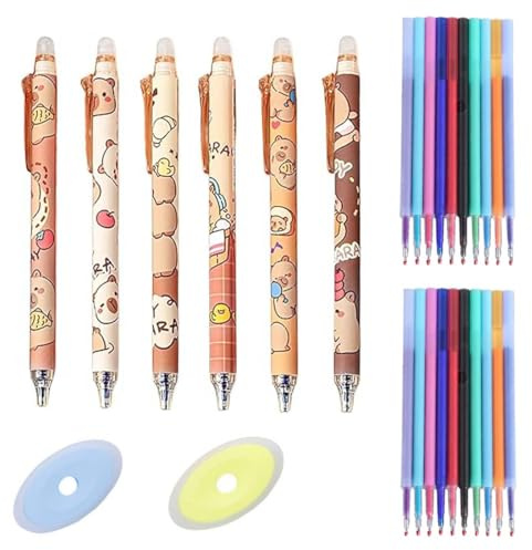 UYVPAER 6 Stück Niedliche, Einziehbare Stifte, Löschbare Gelschreiber, Cartoon-Capybara-Stift, 0,5 Mm, Feine Spitze, Mit 20 Minen in 10 Farben Und 2 Radiergummis Für Den Schreibtischcartoon-Sch