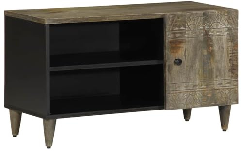 Gecheer Meuble TV en bois massif de manguier gris clair 80 x 31,5 x 46 cm, meuble de salon moderne, support meuble, buffet, étagère de salon, chambre à coucher