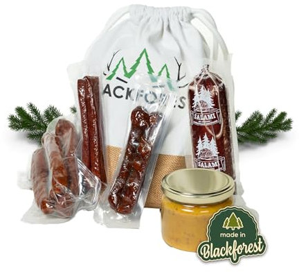 Schwarzwaldmetzgerei Camping Bag Geschenkkorb - 6-teiliger Präsentkorb mit leckeren Wurstspezialitäten wie Pfefferbeiser, Landjäger, Bauernwürste, Kirschwasser-Salami und Birnen-Chili-Dip