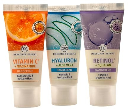 3er Pack. Dresdner Essenz Handcreme Retinol + Handcreme Vitamin C + Handcreme mit Hyaluron & Aloe Vera, 3x 20ml