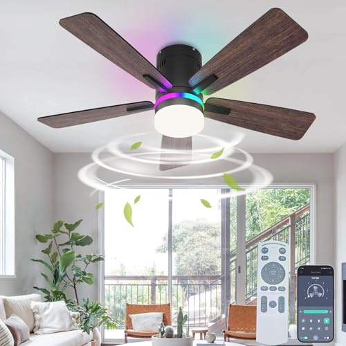 AHRHSM RGB-Deckenventilator mit Beleuchtung und Fernbedienung Dimmbar Deckenlampe mit Ventilator und APP Leise Lampe mit Ventilator 5 Holz Flügeln, Timer-6Geschwindiqkeiten(Schwarz,106cm)