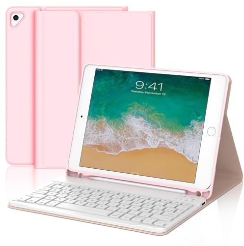 Clavier Coque pour iPad 6/5ème Generation 9.7 Pouces/Air 2/Air 1/Pro 9.7 | Étui Keyboard Détachable Bluetooth sans Fil, AZERTY Français avec Porte Crayon per iPad 2018 9.7, Rose clair