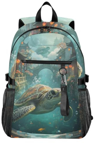 Loancwa Eastern Turtle City Rucksack, Reise-Laptop-Rucksack, Geldbörse für Damen, Herren, Teenager, Mädchen, Schultasche, College, Büchertasche, wasserabweisend, lässiger Tagesrucksack