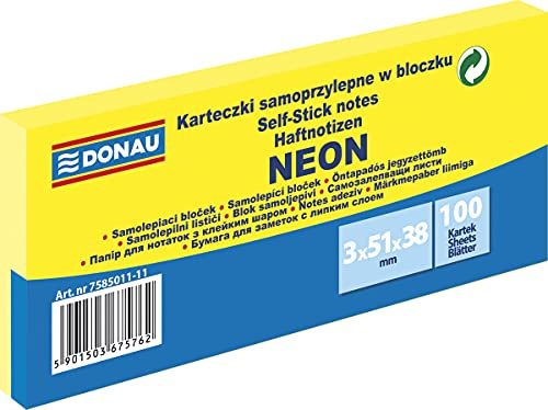 DONAU 7585011-11 Notes Würfel Haftnotizen Neon-Gelb Selbstklebende Haftnotizzettel Sticky Notes 38x51mm, 3x100 Blatt, Notizblock klebend für Büro Schule