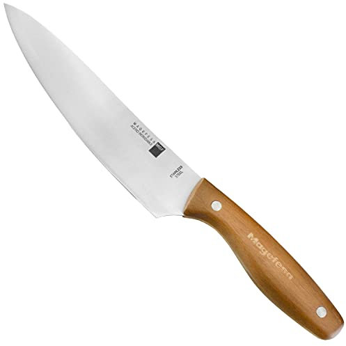 MAGEFESA Mag Wood - Cuchillo de Cocina para Chef, Acero Inoxidable, Resistente, Manejo Estable, Afilado a la Piedra, Mango de Madera Pulida