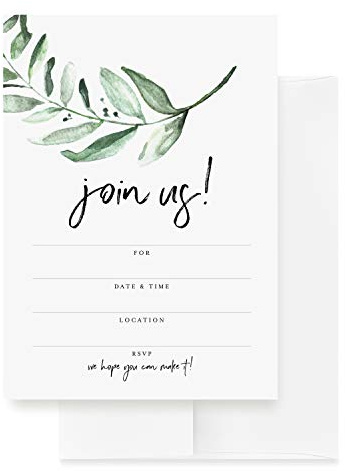 Bliss Collections 25 Invitations With Envelopes For All Occasions, Greenery Invites Perfect For: Weddings, Bridal Showers, Engagement, Birthday Party Or Special Event, Fill In Rustic Invites