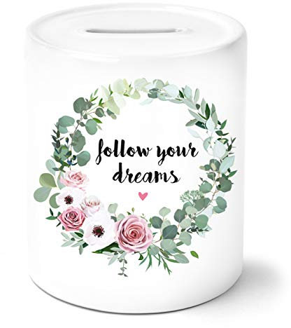 OWLBOOK Follow Your Dreams mit Blumenkranz Spardose Geschenke Geschenkideen für Kinder Baby Junge Mädchen zum Geburtstag