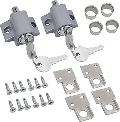 eSynic 2 Piezas Cerraduras de Ventanas/Puertas Seguridad para Niño, Cerradura de Seguridad con Perno de Ventana 2 vías de Instalación para Familia Restrictor de Ventana para Niño Patio-Gris-blanco