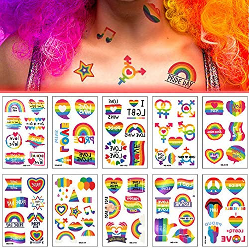 10 Sheets LGBT Gay Pride Temporary Tattoos Waterproof Rainbow Tattoos Stickers for Gay Pride Day Women Men LGBT Pride Parades Celebrations Festival Party Supplies