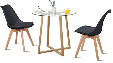 H.J WeDoo Esszimmergruppe Esstisch mit 2 Stühlen, Rund Esstisch Glas und 4 Stühle im nordischen Stil für Balkon & Esszimmer & Wohnzimmer, Schwarz