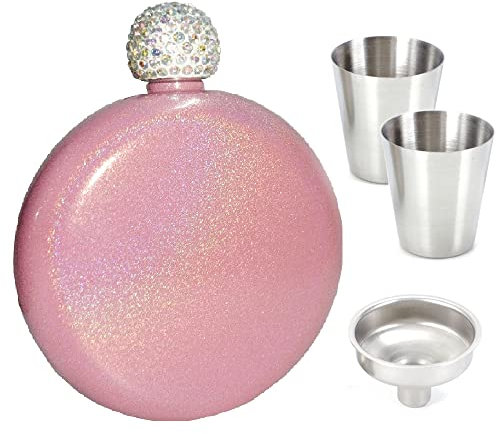 PIVHWIR Liquor Flask for Women, 5 oz Stainless Steel Leak Proof Liquor Hip Flasks with Shining Rhinestone Cap and Funnel and 2 Pcs Shot Glasses- for Storing Whiskey, Alcohol, Rum and Vodka (Pink)