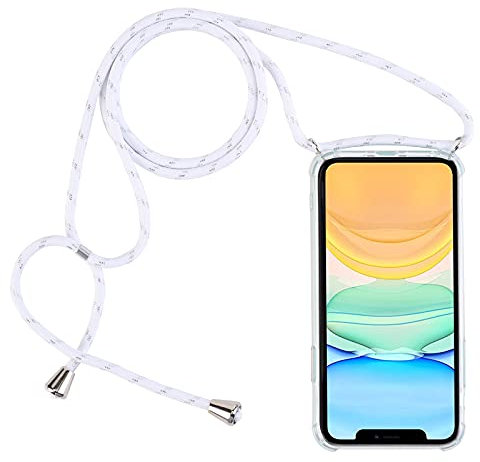 PuYu Zhe Crossbody Case Compatible for iPhone 14 Pro,Necklace Phone Cover,Clear Transparent TPU Silicone Shell with Adjustable Neck Cord Lanyard Strap-White silver