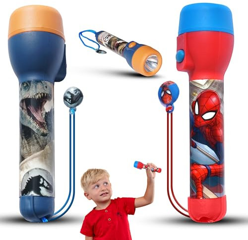Lot de 2 grandes torches LED, veilleuses LED pour cadeaux de Noël et d'anniversaire – Lampe de poche en plastique pour enfants de 3 ans et plus, taille 16 cm (JURASSlC W0RLD et Spiderman)