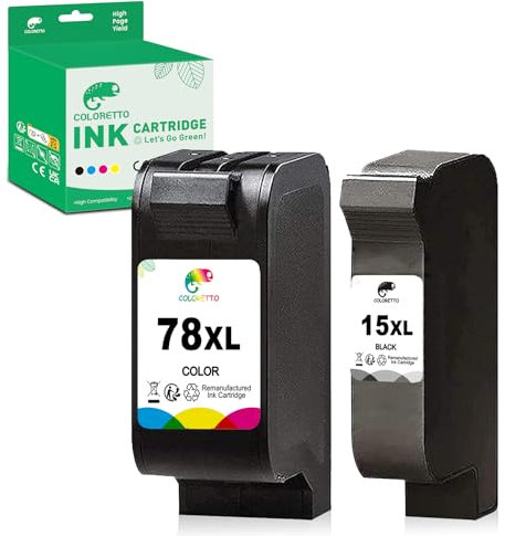 COLORETTO 15XL 78XL Wiederaufbereiteter Ersatz für Druckertintenpatrone für HP 15 78 XL (1 Schwarz,1 Farbe) für DeskJet 3810 3816 3820 3820v 3820w 3822 916c OfficeJet 1510ASL 5105 PSC 1230 700 Drucker