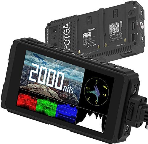 Fotga C50 5Inch 2000nit Touch Screen DSLR Videocamera Campo Monitor Luce diurna LUT Visibile Forma d'onda Vettore Peaking 4K HDMI Ingresso/Uscita, 2X Supporto Batteria, IPS, Parasole per DSLR Cinema