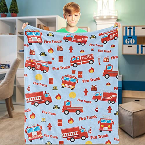 Decke Feuerwehrauto, Rot Feuerwehr Kuscheldecke Kinder, Weich Flanell Plüsch Fleece Wohndecke Feuerwehrfahrzeug Feuerwehrmann für Kleinkind Jungs Geburtstagsgeschenke Kinderzimmer Krippe, 101x127cm