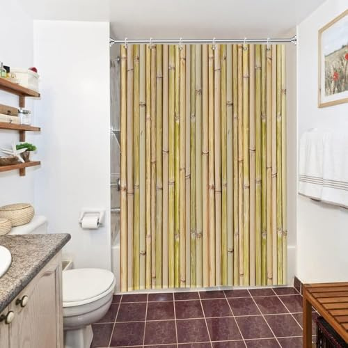 Uiiooazy Duschvorhang Bambus Gelb 150x200cm Anti Schimmel Rustikal Pflanzen | Duschvorhang Bambus Optik Vintage Wasserdicht Waschbar Stoff Polyester Bad Vorhang mit 10 Haken für Badezimmer Badewanne