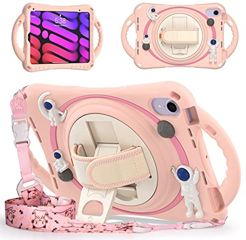 UFinetech Coque iPad Mini 6 Enfants Antichoc - Housse Protection avec Poignée 360°, Support & Porte-Stylo, Sangle Épaule Ajustable - Thème Astronaute Spatial - Silicone & PC Robuste - Rose