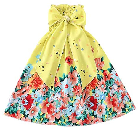 Schlafanzug Mädchen Lang 134 Mutter-Tochter-Kleid, Mädchenkleid mit Blumendruck, Sommer, trägerlos, Schleife, DREI Tragevarianten für 3 bis 16 Jahre Kleid mit V-Ausschnitt für (Yellow, 5-6Years)