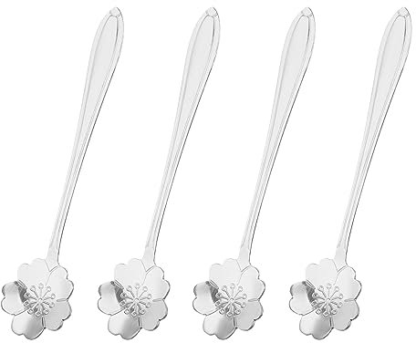 QUARKZMAN 4pcs Inox Acier Fleur Cuillères 5 pouce Cerise Fleur Forme Café Cuillère Petit Cuillère Café Dessert Cuillère pour Expresso Sucre Gâteau, Argent