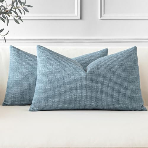 JOTOM 2er Set Leinen Kissenbezüge, Dekorative Weich Einfarbig Wurf Kissenbezug Moderne Kissenhüllen Sofakissen Dekokissen Zierkissenbezug für Wohnzimmer Schlafzimmer Deko (30x50cm, Blau)
