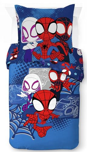 Jay Franco Marvel Spidey und Seine Super-Freunde Vroom – Bettbezug Set für eine Person inklusive Kopfkissenbezug 80x80 aus 100% Baumwolle, warme Marvel Bettwäsche