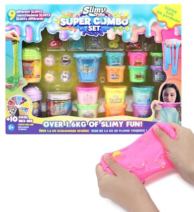 Slimy Super Combo Set - Original Slime Set mit 9 verschiedenen Spielmassen und 10 x Mix-Ins, Spielspaß für Kinder mit 1600g Schleim, elastische Spielknete im Geschenk-Set
