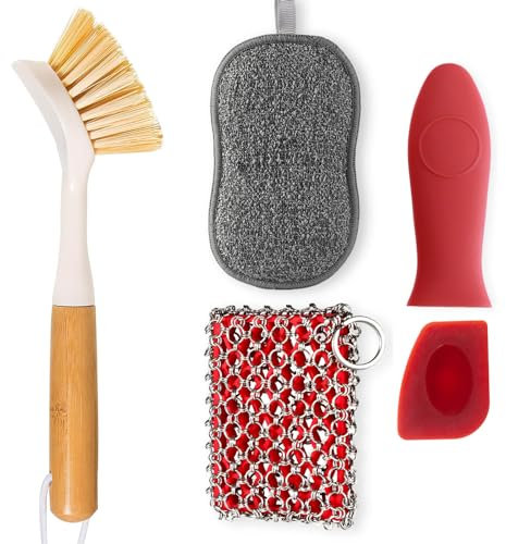 TEZZ Kettennetz-Schrubber + Bambus-Scheuerbürste + Silikon-Heißgriffhalter + Schaber für Lodge Gusseisen-Bratpfanne, Küchenpfanne, Wok, Dutch Oven Reinigungswerkzeug-Set, 4 Stück