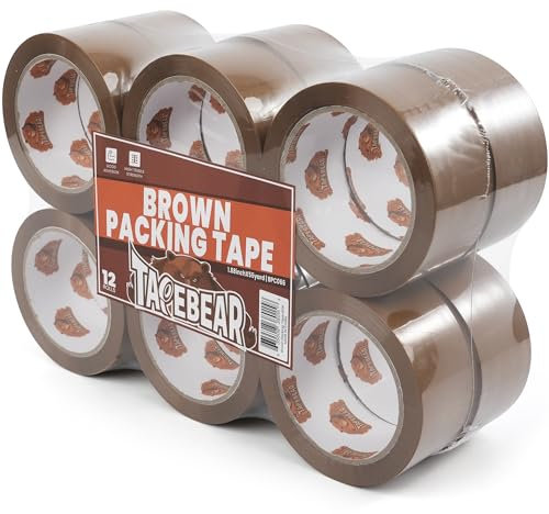 TAPEBEAR Ruban Adhésif d'Emballage Marron 48mm x 50m, Ruban Adhesif Emballage 2.6mil épaisseur, Fermeture Sûre, Haute Résistance Pour l'Emballage De Colis, Boîtes, Cartons, 12 Rouleaux