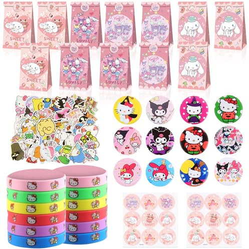86 Stück Ku-romi Geburtstag Mitgebsel Kinder, Pin Abzeichen, Anime Silikon Armbänder, Melody Anime Sticker, Cinnamoroll Candy Geschenktaschen, Kinder Geschenke Party Zubehör für Junge und Mädchen