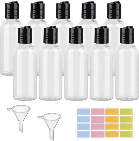 10pcs Travel Bottles, Travel Bottles for Toiletries 60ml,Reuseable Plastic Travel Size Bottles Empty Refillable,Clear Container Travel with 2 Funnels and Colorful Labels for Shampoo Lotions Cosmetics