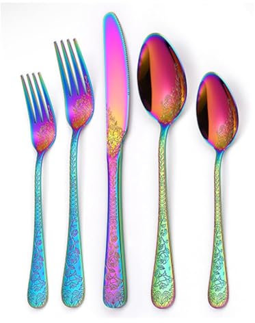 Vintage Carving Kitchen Stainless Steel Silverware Tableware Flatware Cutlery Knives Forks Spoons Set Home Steak Knife Dessert Spoon (Rainbow,5 Pieces)