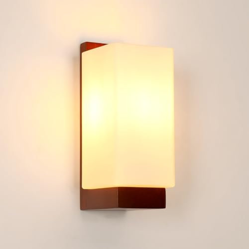 Comely Applique Murale Intérieure Bois, Vintage E27 Lampe Murale Design Minimaliste, Abat-jour en Verre Applique Murale pour Chambre, Salon, Salle à Manger, Couloir, Café
