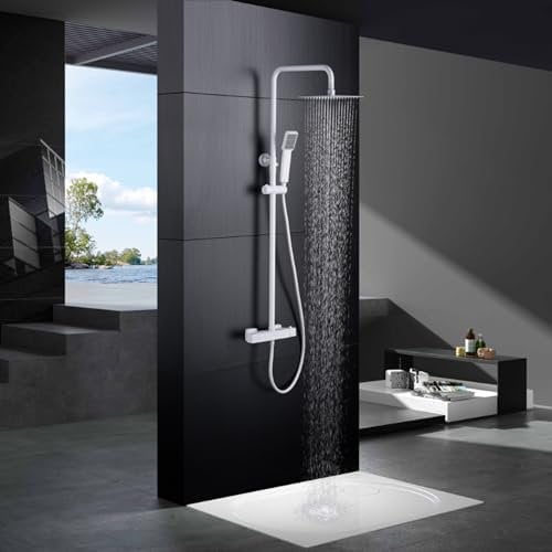 IMEX - Columna Ducha Termostatica con Grifo | Conjunto de Ducha con Alcachofa y Rociador Antical Efecto Lluvia | Griferia en Latón y Acero Inox S.304 con Barra Extensible | Serie Art | Color Blanco