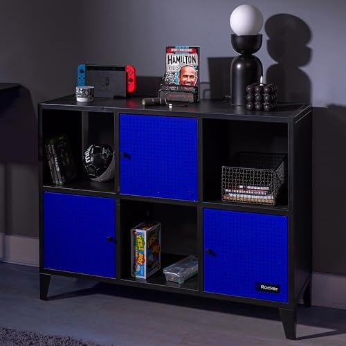 X-Rocker Mesh-Tek Metal Sideboard Display Cabinet, Wide 6 Cube Storage Locker Media Unit with 3 Cupboard Doors and 3 Shelves - Black & Blue