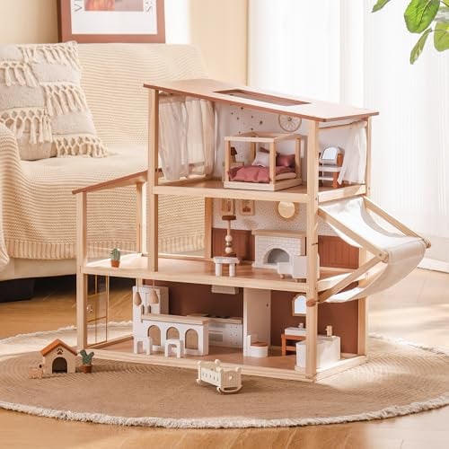 ROBOTIME Casa delle bambole in legno, casa delle bambole bohémien con mobili e accessori, casa giochi a 3 livelli con tenda regolabile ed elementi in rattan, stile marrone kaki, regalo fantasioso per