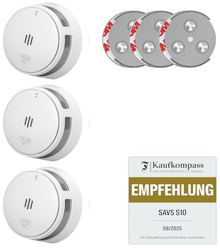 SAVS S10 Stand-Alone-Rauchwarnmelder - Integrierte 10-Jahres-Batterie - Optischer Doppelsensor - Fernbediente Mute-Funktion - Magnetische Montage ohne Bohren - Schlankes Design - Weiß - 3er Set