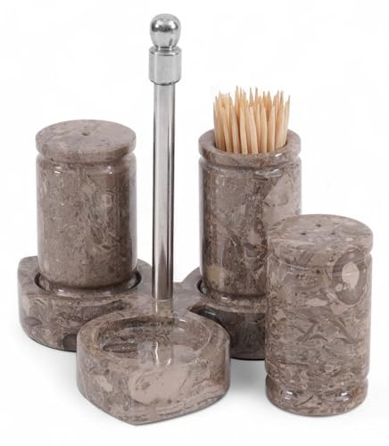 Saleros Decorativos Salz- und Pfefferstreuer aus Marmor, handgefertigt, Ozeanstein, Gewürzstreuer, 23 ml, mit Tablett, elegantes Tisch-Gewürz-Set für Küche, Arbeitsplatte und Esstisch, 3 Stück
