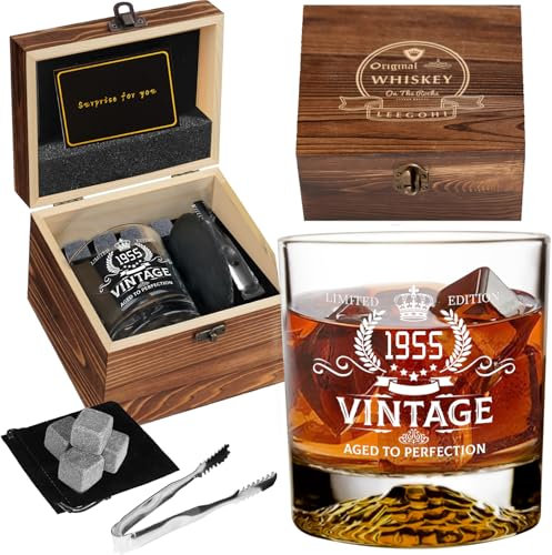 70th Birthday Gifts for Men, Vintage Born in1955 Whiskey Stones and Glass Gift Set, Drinking Gift Set for Him, Best 70 Years Old Gift Ideas for Men Husband Boyfriend Christmas
