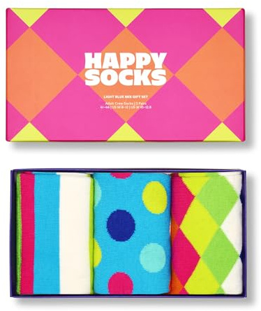 Happy Socks 3-Pack Light Blue Mix Socks Gift Set, bunte Socken aus Baumwolle mit lustigen Motiven