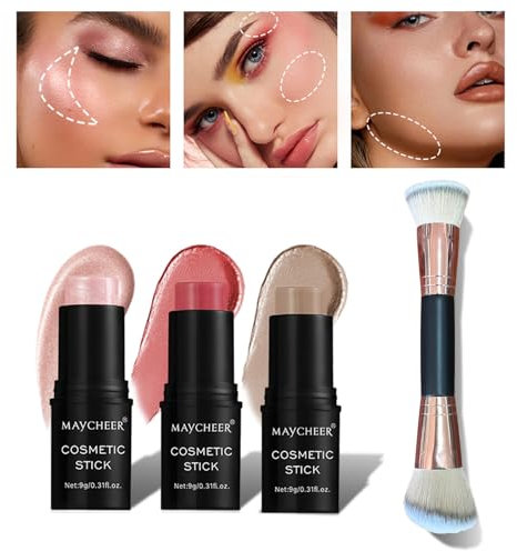 Face Makeup Stick, Makeup Highlighter & Erröten Stick, Konturenstift, Creme Kontur Stick Professioneller Make-up-Stick mit Feiner Textur, Bronzer für Wangen, Augen, 3 Farben (#02, 04, 06)