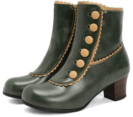 2024 Nuovi Stivaletti Con Bottone Stivali Corti Da Donna Con Volant Booties Con Punta Tonda Autunno Inverno Ankle Boots In Pelle PU Con Tacco Largo Scarpe Alla Caviglia Medievali Retrò(Green,36 EU)