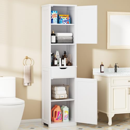 Walsunny Tall Bathroom Storage Cabinet with 6 Adjustable Shelves, White