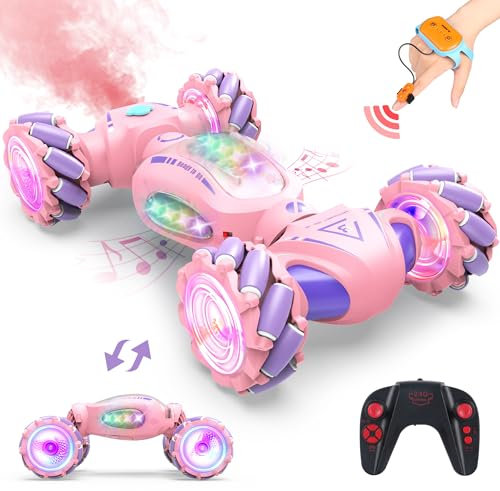 Dysaim Macchina Telecomandata per Bambini, RC Stunt Car, 2.4Ghz 360°Rotazione Auto Radiocomandata con Luci,Musica,Spray, Giocattoli 2 Batteria, Natale Regalo per Bambine Bambino da 6 8 1012 Anni, Rosa