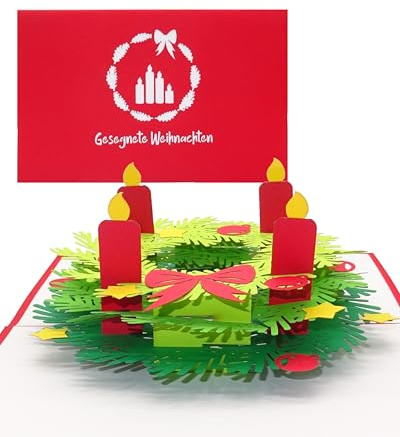 3D Pop-Up Weihnachtskarte Adventskranz – Gesegnete Weihnachten | Adventskranz mit Kerzen für besinnliche Weihnachtsgrüße; geeignet als Gutschein oder Geldgeschenk.