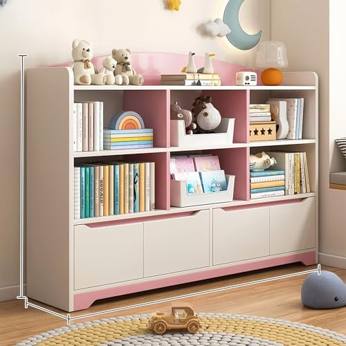FUKEFUZ Bücherregal mit Rückwand, Eckregale, Verschiedene Lagerung, bücherschrank mit abgerundeten Ecken, möbel für arbeitszimmer für Home Office, Schlafzimmer, Wohnzimmer, Vitrine(Pink,L3140)