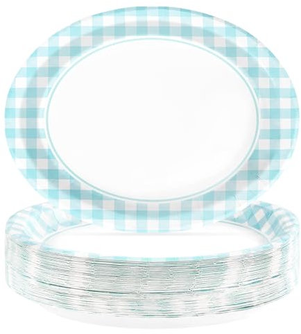 50PCS Light Blue Gingham Paper Oval Plates 10 X 12 Disposable Light Blue and White Gingham Party Plates Disposable Heavy Duty Checkered Plaid Dinnerware for BBQ Gathering Picnic Baby Shower Birthday