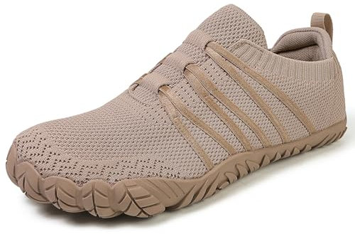 Barfußschuhe Damen Herren Breite Barfuss Schuhe Laufschuhe Zero-Drop Sohlen Zehenschuhe Traillaufschuhe Leichte Atmungsaktiv Fitnessschuhe Komfort rutschfest Straßenlaufschuhe Unisex(Khaki 45EU)
