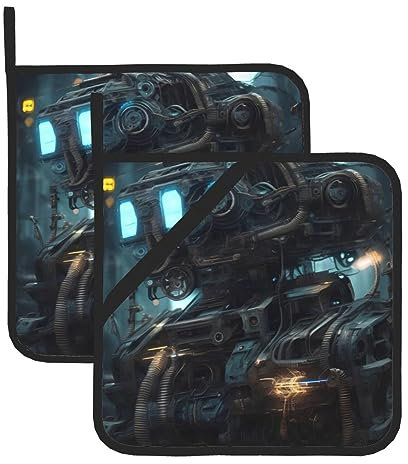 Hitzebeständiges Topflappen-Set - Future Robot Volldruck-Design zum Backen, Grillen und Grillen - Küchenofen Hot Pads